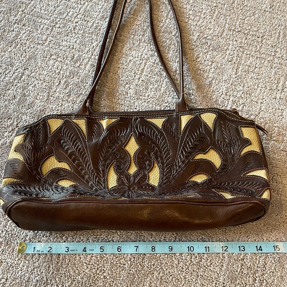 Leaders In Leather Scroll Cut Out Tooled Leather  Bag, Medium Size, Brown/Ivory - Picture 9 of 16